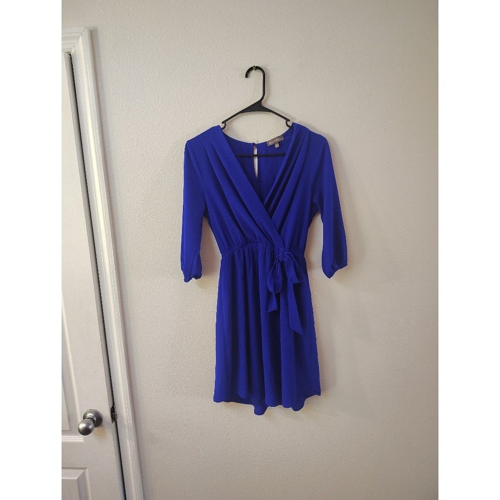 Rags‎ to Wishes Royal Blue Surplice V-Neck Pleated Mini Dress 3/4 Sleeve Small
